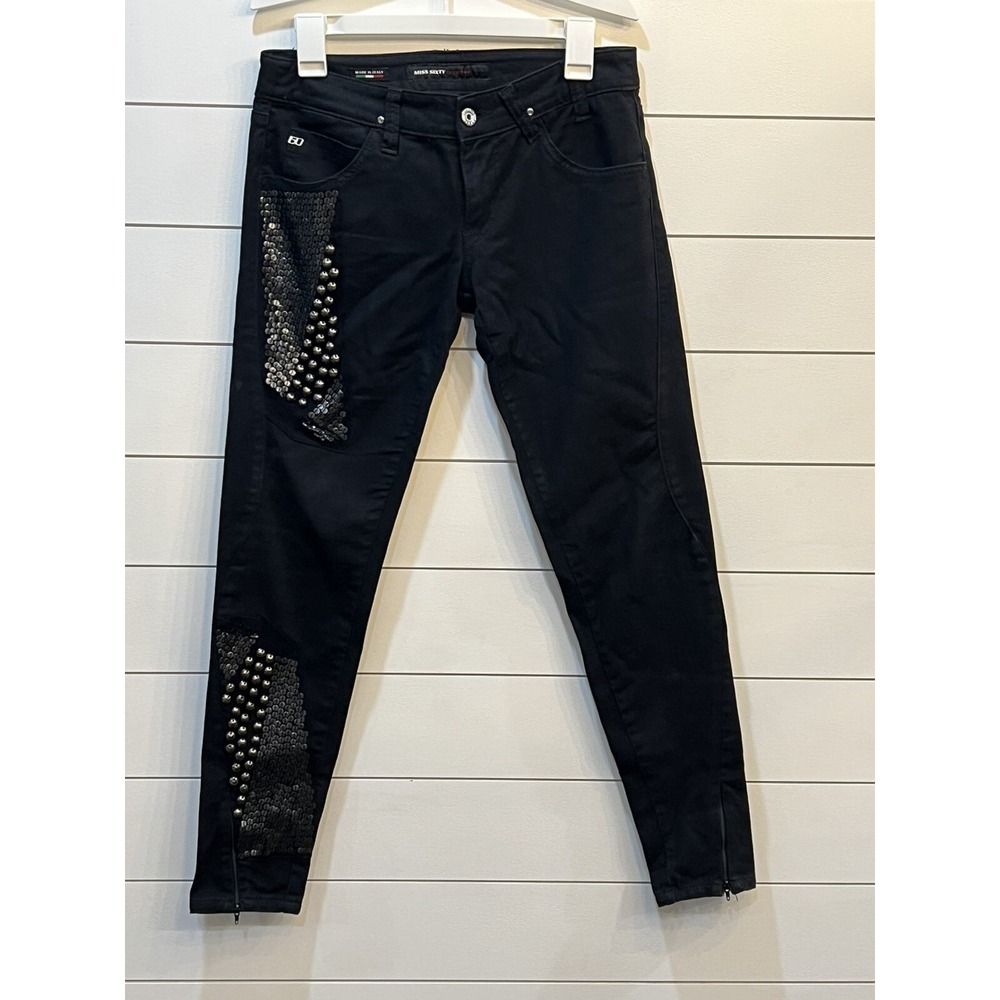 MISS SIXTY Womens Black Skinny Fit Jeans Size 29 Sequin And Metal Studs!!!